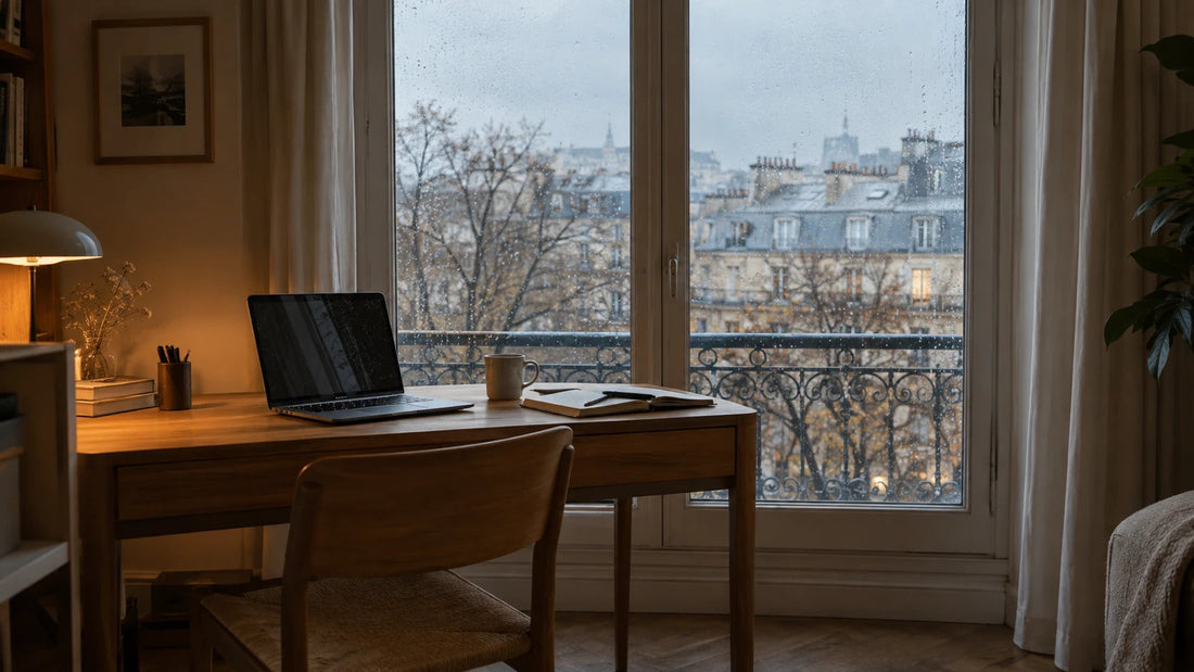 Bureau en bois devant une fenêtre pluvieuse dans un appartement meublé loué en basse saison