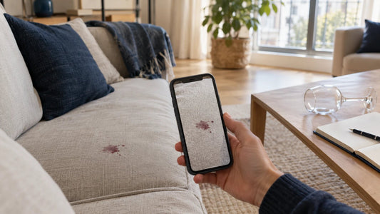 Main photographiant au smartphone une tache de vin sur un canapé clair, verre renversé sur la table basse