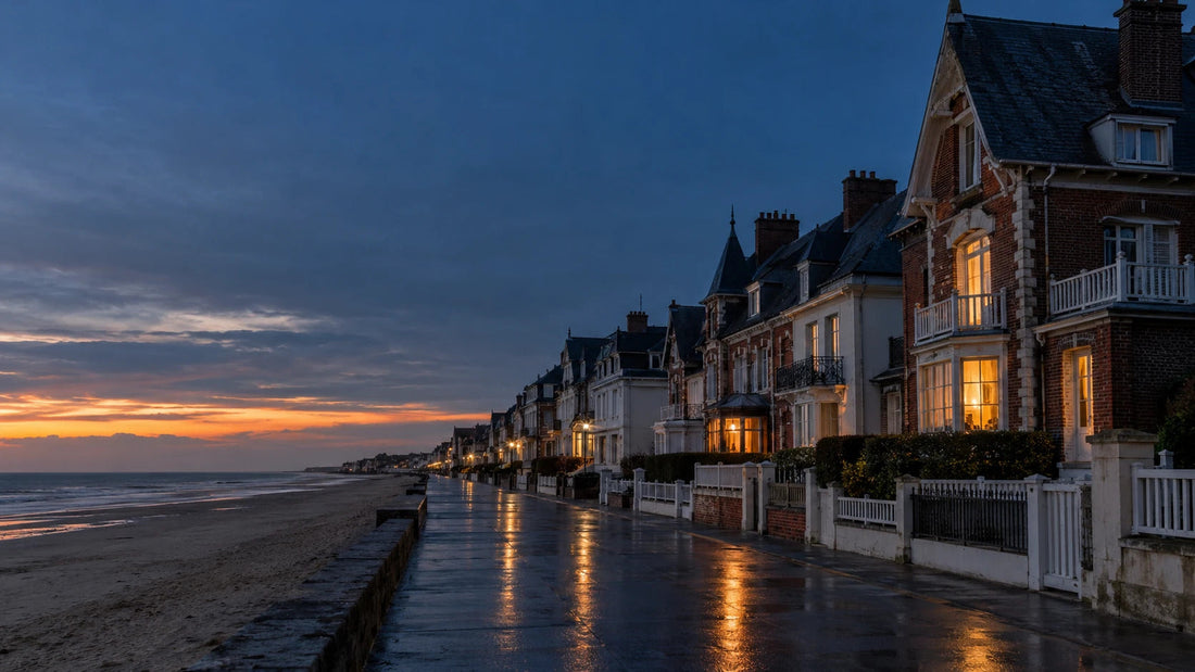 Front de mer de villas balnéaires à la tombée du jour en hiver sur la Côte d'Opale, quelques fenêtres éclairées