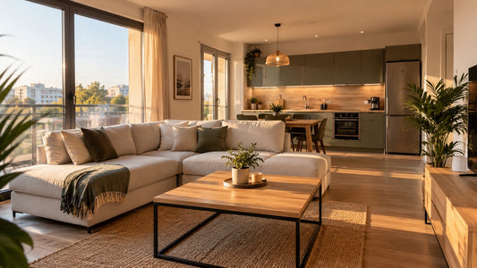 Séjour lumineux d'un appartement meublé de location courte durée, canapé clair et cuisine ouverte en arrière-plan