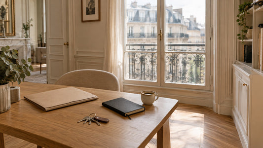 Coin bureau d'un appartement parisien avec un trousseau de cles, symbole de la location meublee encadree